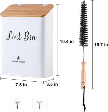 SUBEKYU Magnetic Lint Bin for Laundry Room Organization and Storage,White | Wall Mounted Metal Lint Box Holder Trash Can with Bamboo Lid for Dryer,Lint Basket for Laundry Room Decor