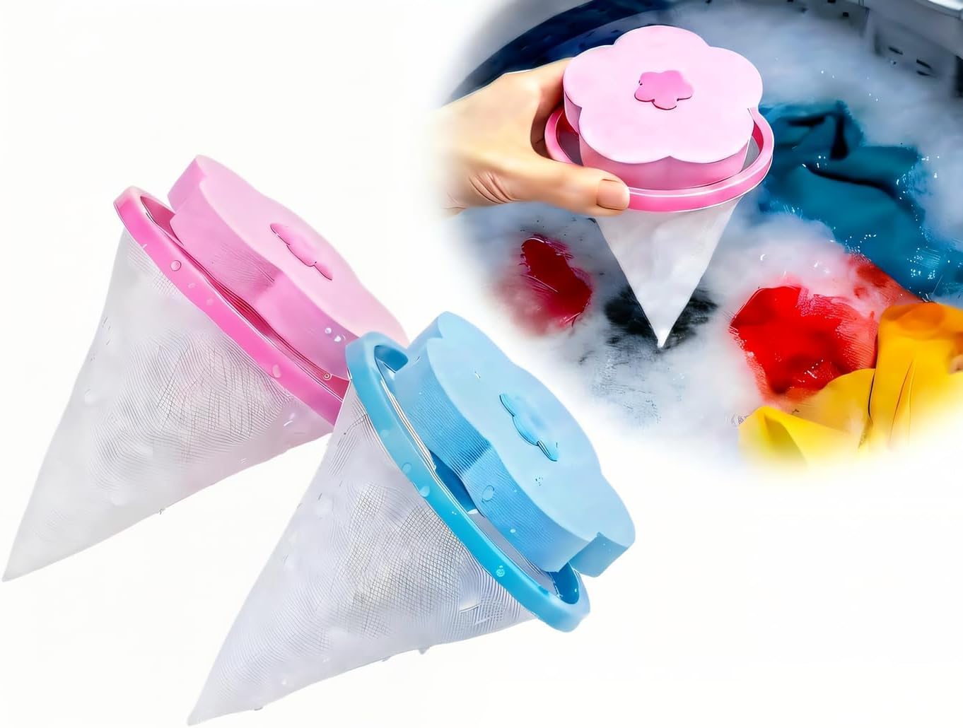 Floating Lint Catcher for Washing Machine, 6 Pack Reusable Pet Hair Remover, Dog Cat Fur Catcher, Blue and Pink, Cone Design (6, Blue and Pink)