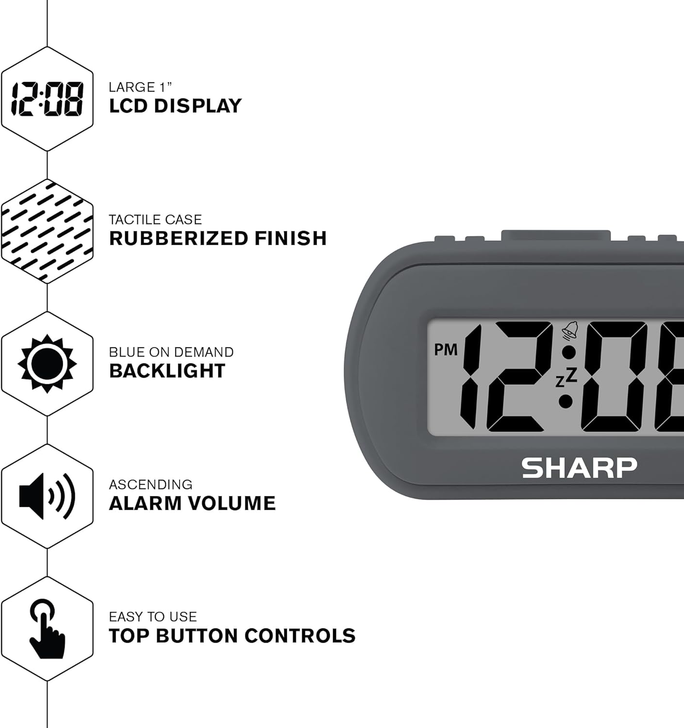 Sharp Battery Alarm Clock, Soft-Touch Case and Backlight, Charcoal Black | Soft-touch rubberized case; Battery operated; Blue backlight on demand; Ascending alarm; Snooze; Easy to use