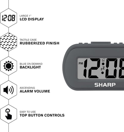 Sharp Battery Alarm Clock, Soft-Touch Case and Backlight, Charcoal Black | Soft-touch rubberized case; Battery operated; Blue backlight on demand; Ascending alarm; Snooze; Easy to use