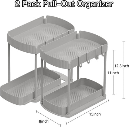 2 Packs Under Sink Pull-Out Storage Organizers, 12.8 Inches, Black | Multi-Purpose Cabinet Organizers and Storage for Bathroom & Kitchen