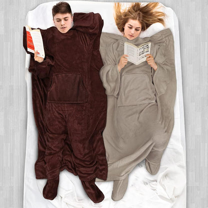 PAVILIA Fleece Blanket with Sleeves and Foot Pockets Women Men, Dark Purple