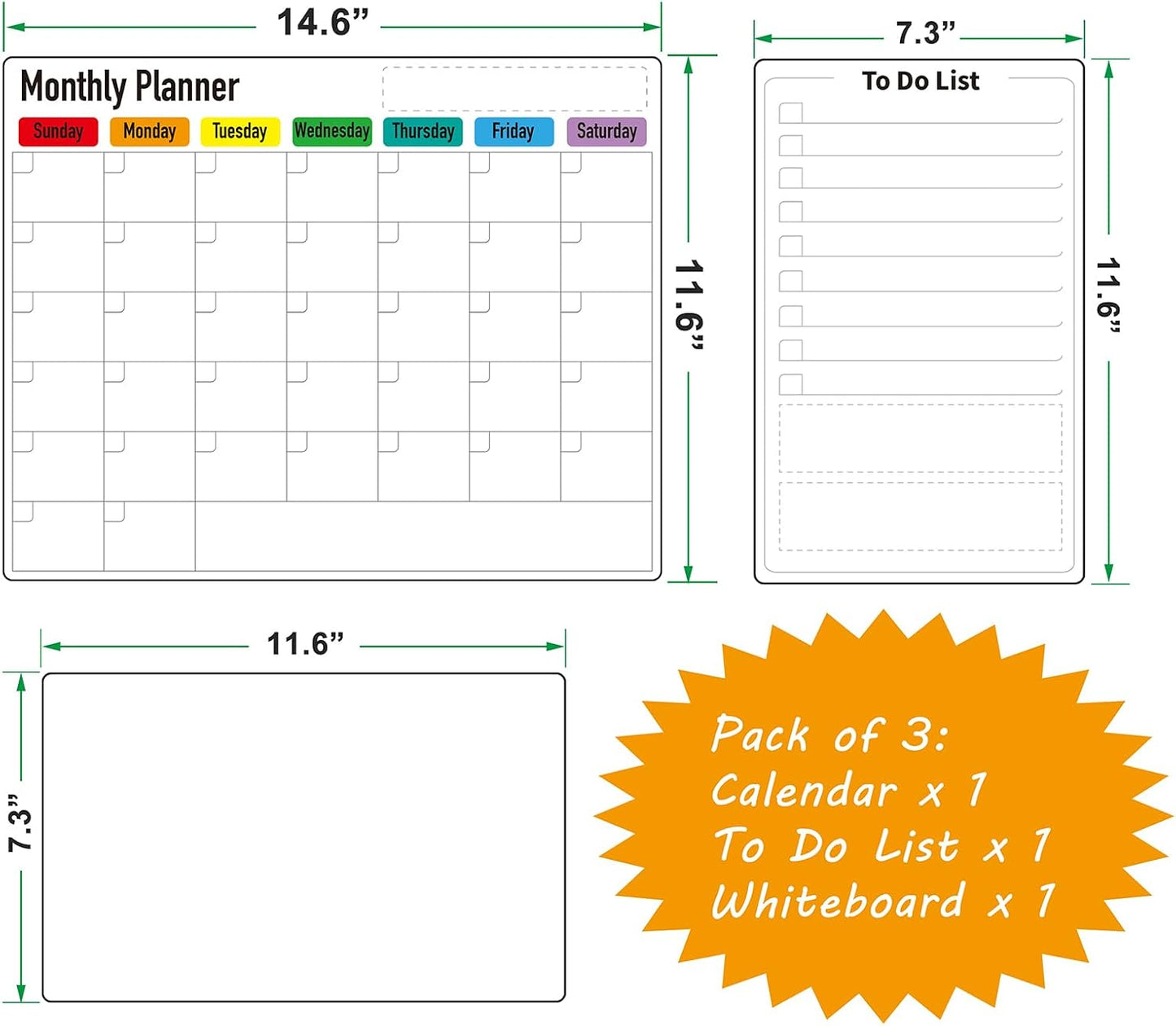 Magnetic Dry Erase Calendar for Fridge: Pack of 3-14.6” x 11.6” Magnetic Monthly Planner + 7.3” x 11.6” To Do List Pad & Fridge Whiteboard