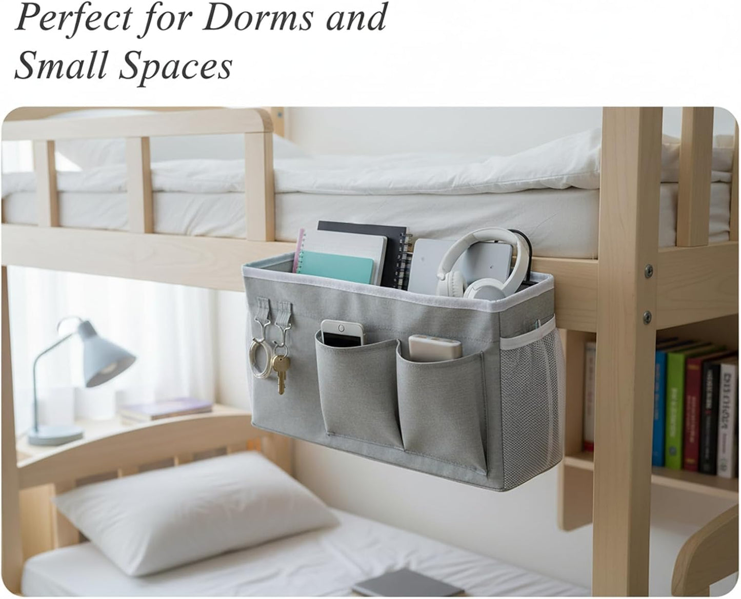 Bedside Storage Caddy with Metal Hooks,Hanging Bedside Organizer | Large Capacity Bag for Dorm Bunk Bed Headboard, Remote Phone Book Holder (Grey) (2)