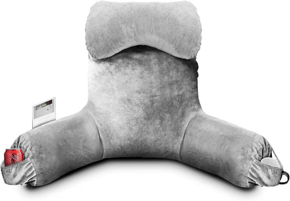 OAISZ Reading Pillow for Sitting in Bed with Shredded Memory Foam, Grey | 19-Inch Back Pillow for Sitting Up in Bed, Extended Arms, Side Pockets, Supportive Adjustable Pillow Removable Washable Cover