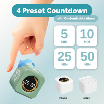 KADAMS Pomodoro Timer – Visual Cube with 5/10/30/60 Min Presets, LED Countdown Ring & Count Up Mode, Silent Flip Productivity Timer for Study, Classroom, Office, Cooking (Green 5-10-30-60 min)