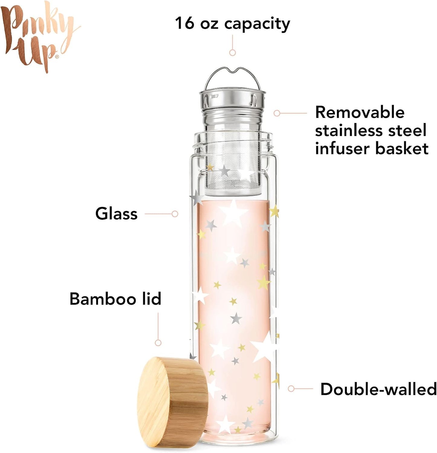 Pinky Up Blair Travel Tea Infuser Mug, Double Walled Insulated Travel Tumbler with Loose Leaf Tea Strainer, Travel Coffee Mug, Keeps Drinks Hot or Cold, 16 oz, White Leaf
