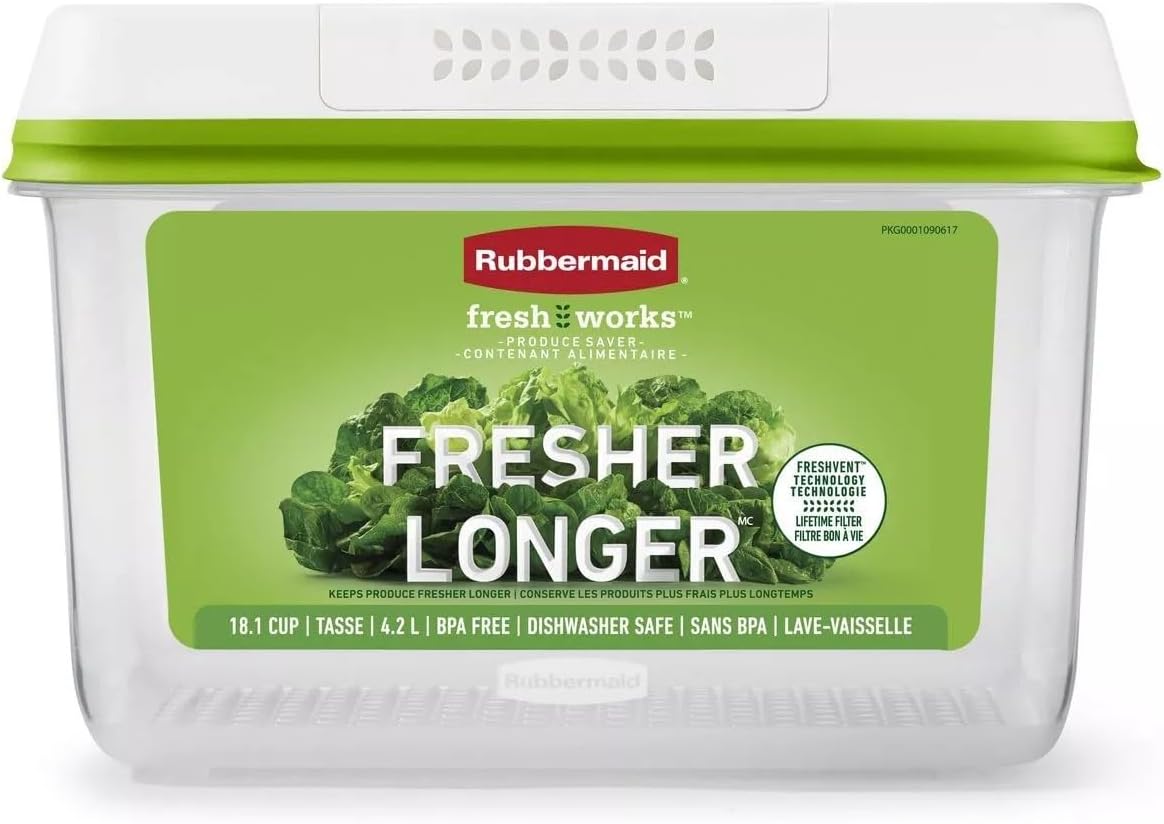 Rubbermaid FreshWorks Saver, Large Short Produce Storage Container, 11.3-Cup, Clear
