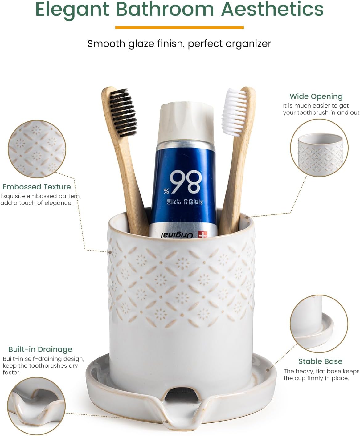 Zoeeker Toothbrush Holder with Drainage, Ceramic Toothbrush Holders Set | Electric Toothbrush & Toothpaste Holder for Bathrooms Self-draining Tooth Brush Cup Countertop Organizers for Family, Yellow