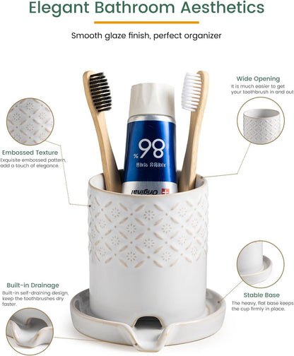 Zoeeker Toothbrush Holder with Drainage, Ceramic Toothbrush Holders Set | Electric Toothbrush & Toothpaste Holder for Bathrooms Self-draining Tooth Brush Cup Countertop Organizers for Family, Yellow