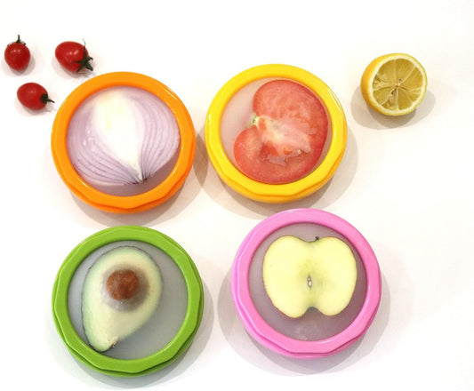 Onion storage and Avocado Saver,Set of 4 Double-Sided Silicone Fruit Keeper Containers for Fridge,Tomatos Holder,Lemons,Garlic,and Potatoes