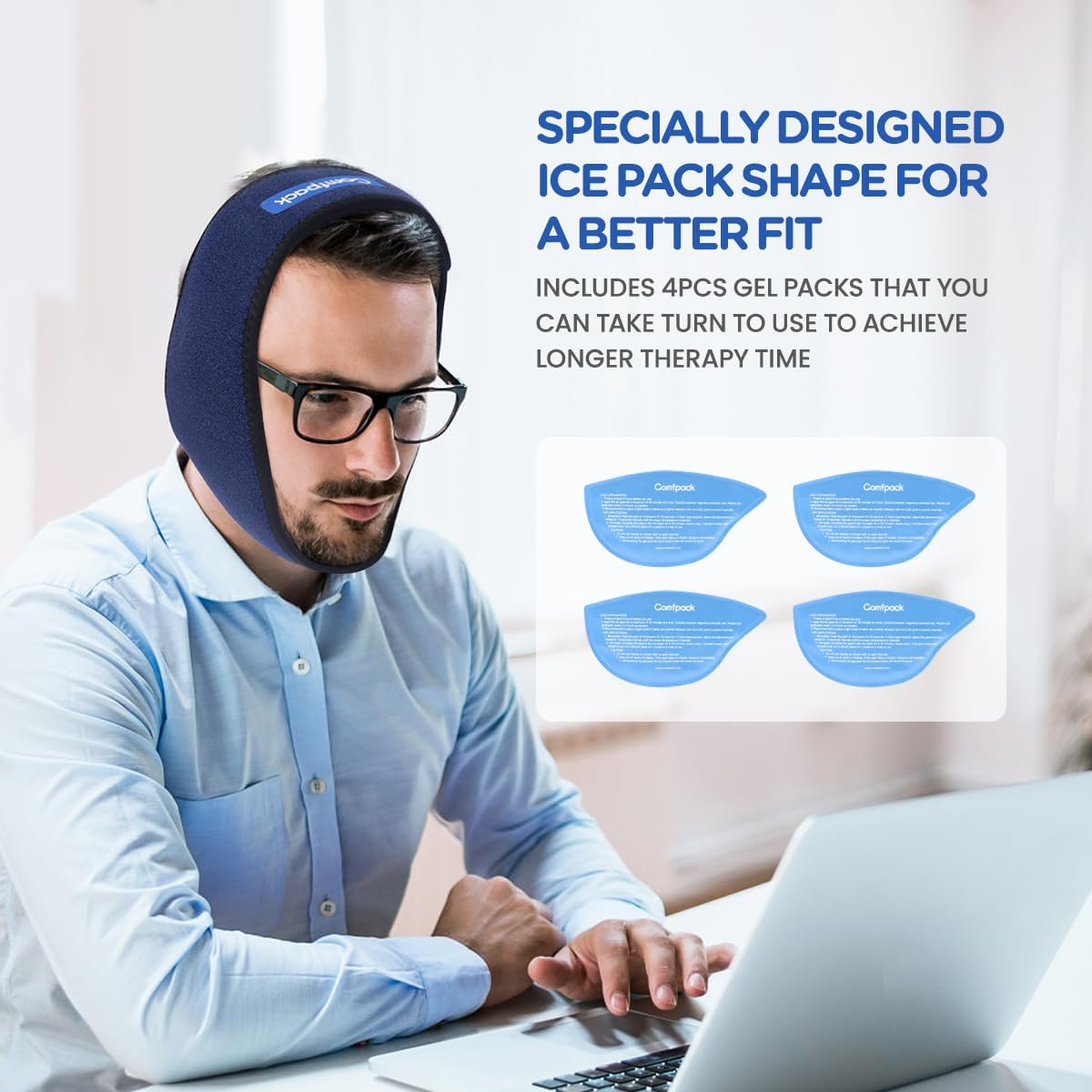 Comfpack Face Ice Pack Wrap for TMJ Relief with 4 Reusable Gel Packs | Hot Cold Therapy, Wisdom Teeth Ice Pack Head Wrap for Tooth Extraction & Teeth Removed, Oral Surgery, Cosmetic Injection