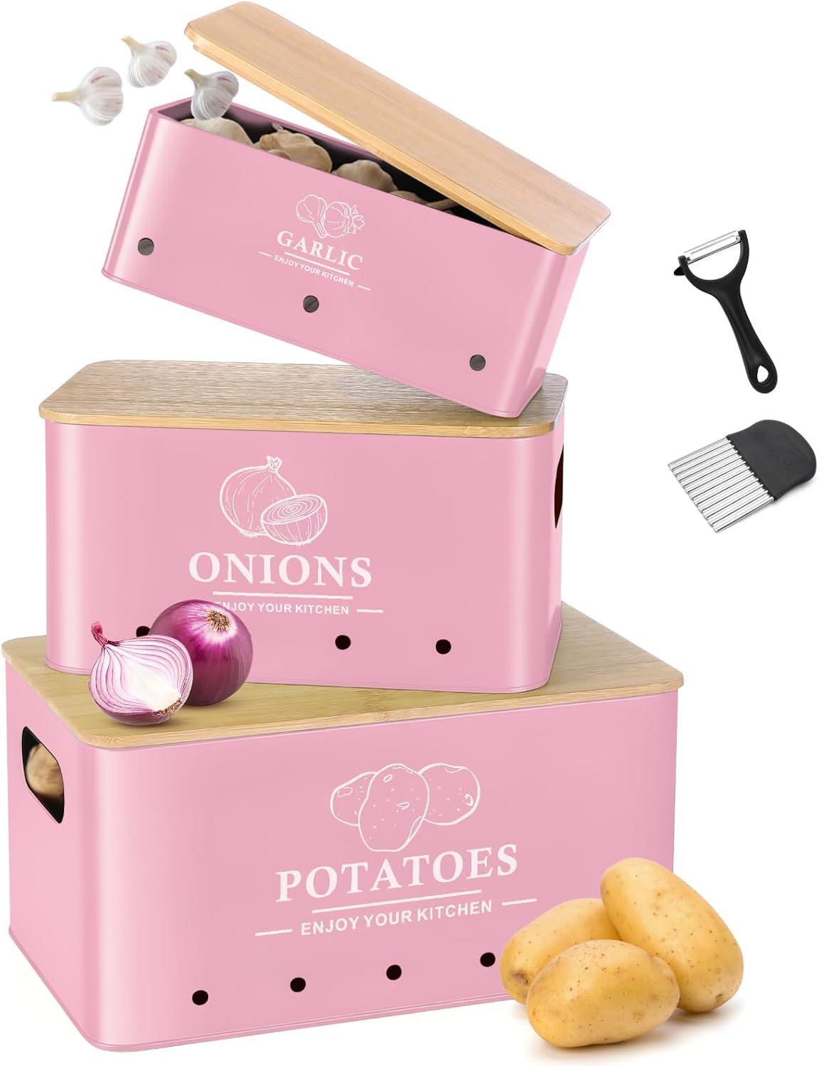 Kitchen Vegetable Storage Set of 3, Metal Onion Garlic Potato Storage Set, Kitchen Canisters Vegetable Keeper Containers with Aerating Holes and Bamboo Lid,Black