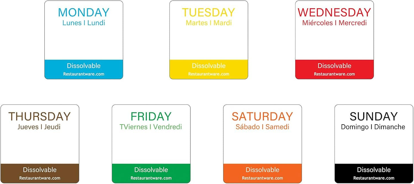 Restaurantware RW Smart 1 Inch x 1 Inch Food Rotation Labels 500 Dissolvable Food Safety Labels - Premium Trilingual Orange Paper Day Of The Week Labels For Food Storage Or Prep Saturday