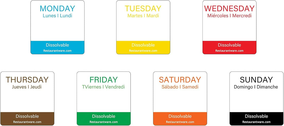 Restaurantware RW Smart 1 Inch x 1 Inch Food Rotation Labels 500 Dissolvable Food Safety Labels - Premium Trilingual Orange Paper Day Of The Week Labels For Food Storage Or Prep Saturday