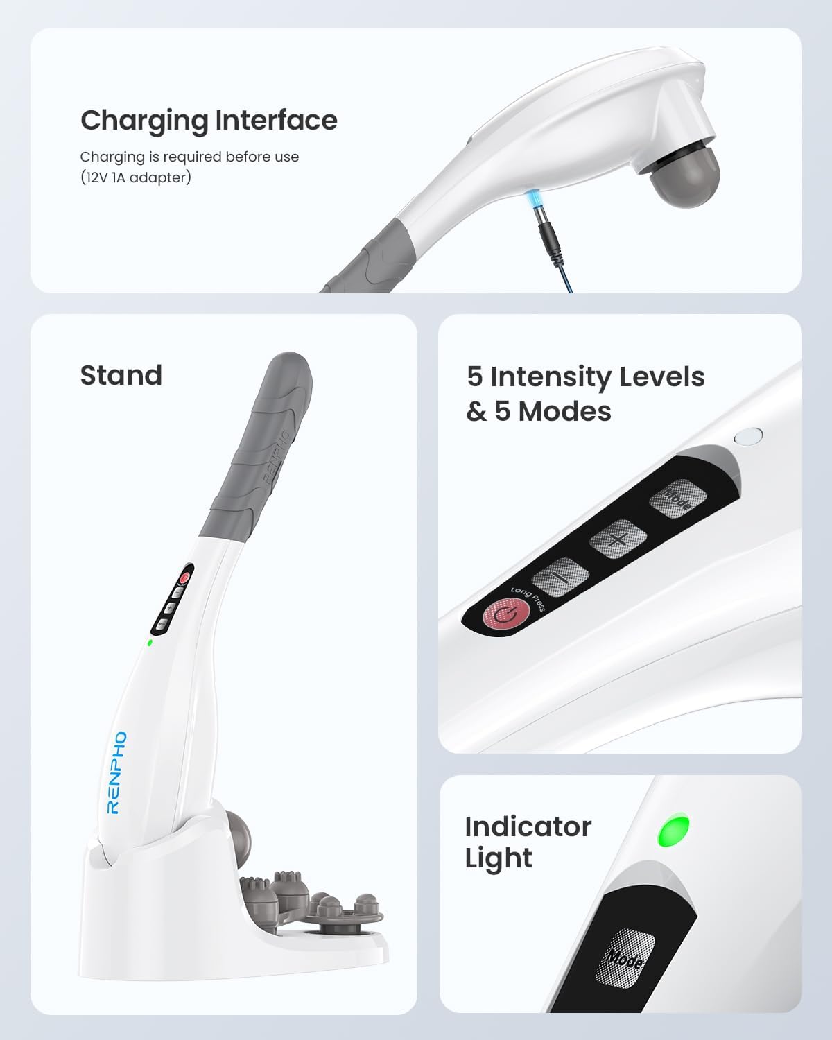 RENPHO Cordless Handheld Massager, 5 Adjustable Speeds and Massage Modes | Rechargeable Electric Neck Massage Tool for Muscle Tension, For Shoulder, Back & Leg, Home, Office, Travel Use, Gift Idea
