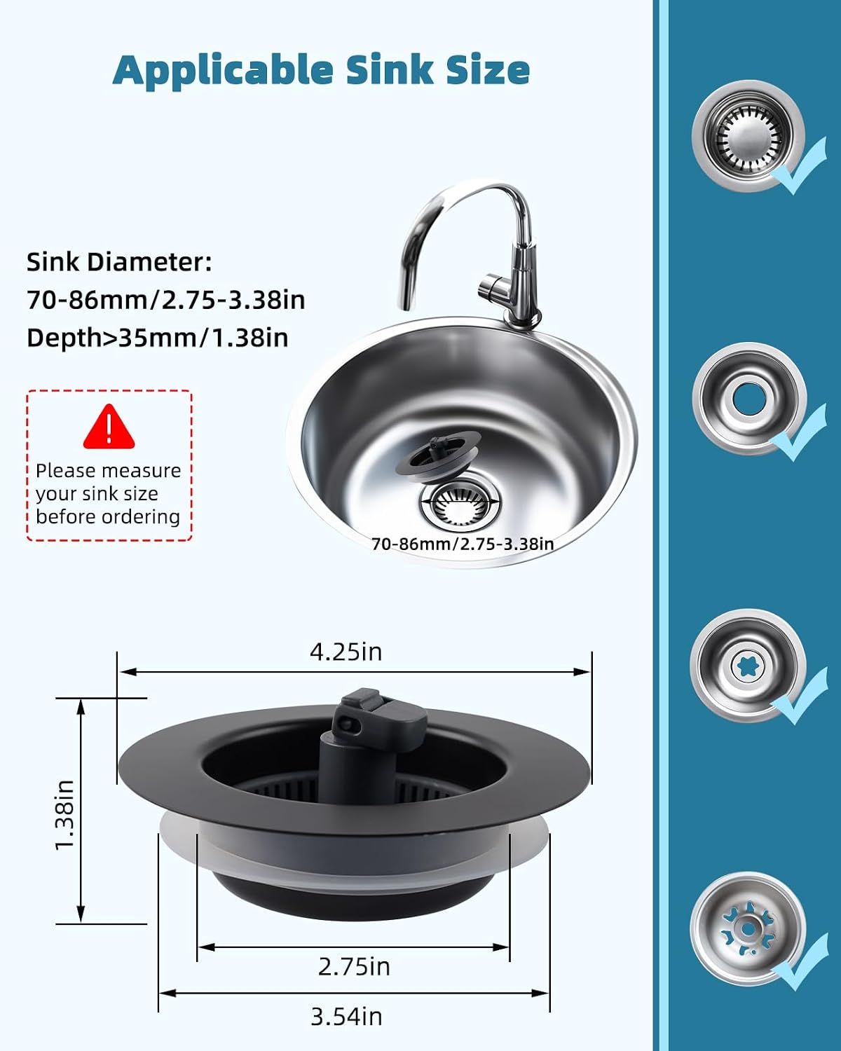 Universal 3 in 1 Kitchen Sink Drain Strainer Stopper Combo, Matte Black | Stainless Steel Shell Pop Up Sink Stopper for US Standard 3-1/2 inch Drain Filter, Anti-Clog and Easy Clean