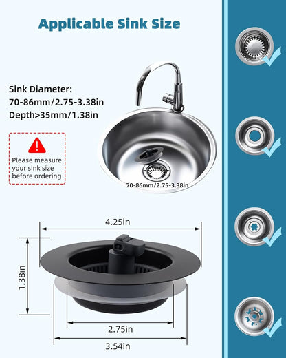 Universal 3 in 1 Kitchen Sink Drain Strainer Stopper Combo, Matte Black | Stainless Steel Shell Pop Up Sink Stopper for US Standard 3-1/2 inch Drain Filter, Anti-Clog and Easy Clean