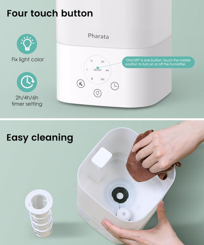 Pharata Humidifiers for Bedroom Large Room, 2.5L Cool Mist Humidifier with Essential Oil Diffuser, Top Fill Humidifier for Baby, Home, Plant, Ultrasonic Humidification for whole house, Auto Shut-Off