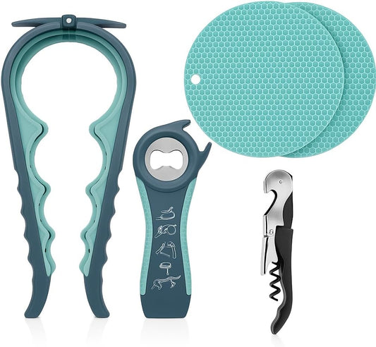 5-in-1 Jar Opener & Bottle Opener Set for Weak Hands – Easy Grip Lid Opener for Seniors and Arthritis, Multi-Function Kitchen Tool with Non-Slip Gripper Pads - COOKKEY