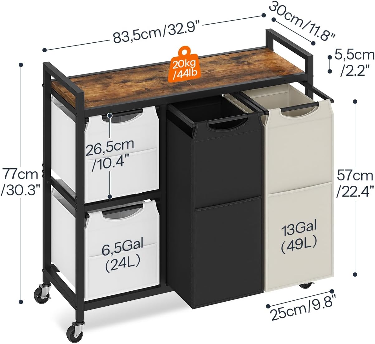 HOOBRO Laundry Sorter with 4 Section, 39 Gal. (147 L) Laundry Hamper with Wheels, Rolling Laundry Basket with Shelf, Pull-Out Detachable Bags, Side Pockets, Rustic Brown, Black and Beige BFE14XY01N1