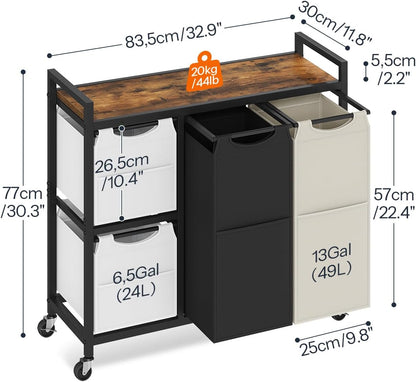 HOOBRO Laundry Sorter with 4 Section, 39 Gal. (147 L) Laundry Hamper with Wheels, Rolling Laundry Basket with Shelf, Pull-Out Detachable Bags, Side Pockets, Rustic Brown, Black and Beige BFE14XY01N1