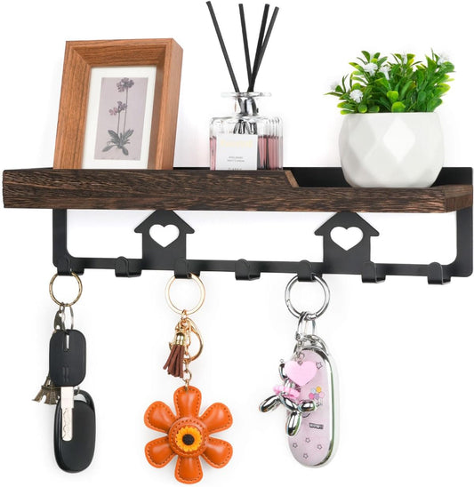 lucdnc Key Holder for Wall Mounted with Tray, 7 Hooks & Wood Shelf | Decorative Entryway Organizer for Mail, Keys, Sunglasses, Wall Mounted, Home Office