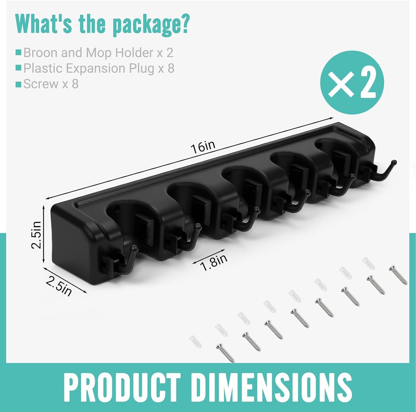 InPoTo Wall Mount Broom Holder 5 Slots 6 Hooks Mop Organizer Rack | Heavy Duty Construction -35 LBS Capacity, 5 Spring-loaded Ball Slots With Anti-Skid Rubber,Easy Installation ,Space Saving