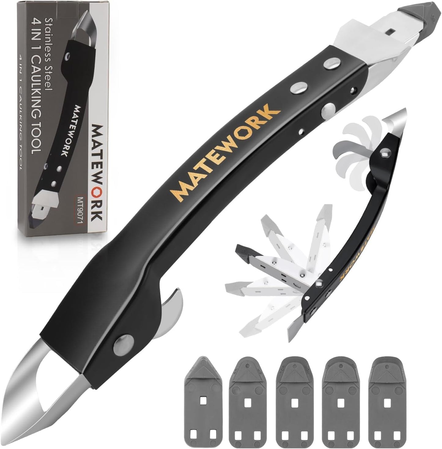 Matework Complete Caulking Tool Kit, 4 in 1 Stainless Steel Caulk Remover | Caulk Finishing Tool, Grout Removal, Scraper, Cut Resistant Gloves, for Bathroom Shower Kitchen Living Room, Home Repair