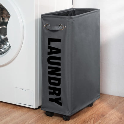 DOKEHOM 25" Slim Rolling Laundry Basket Hamper, Narrow on Wheels, Grey | Collapsible narrow laundry hamper with mesh drawstring closure. Foldable corner clothes storage bin for small spaces
