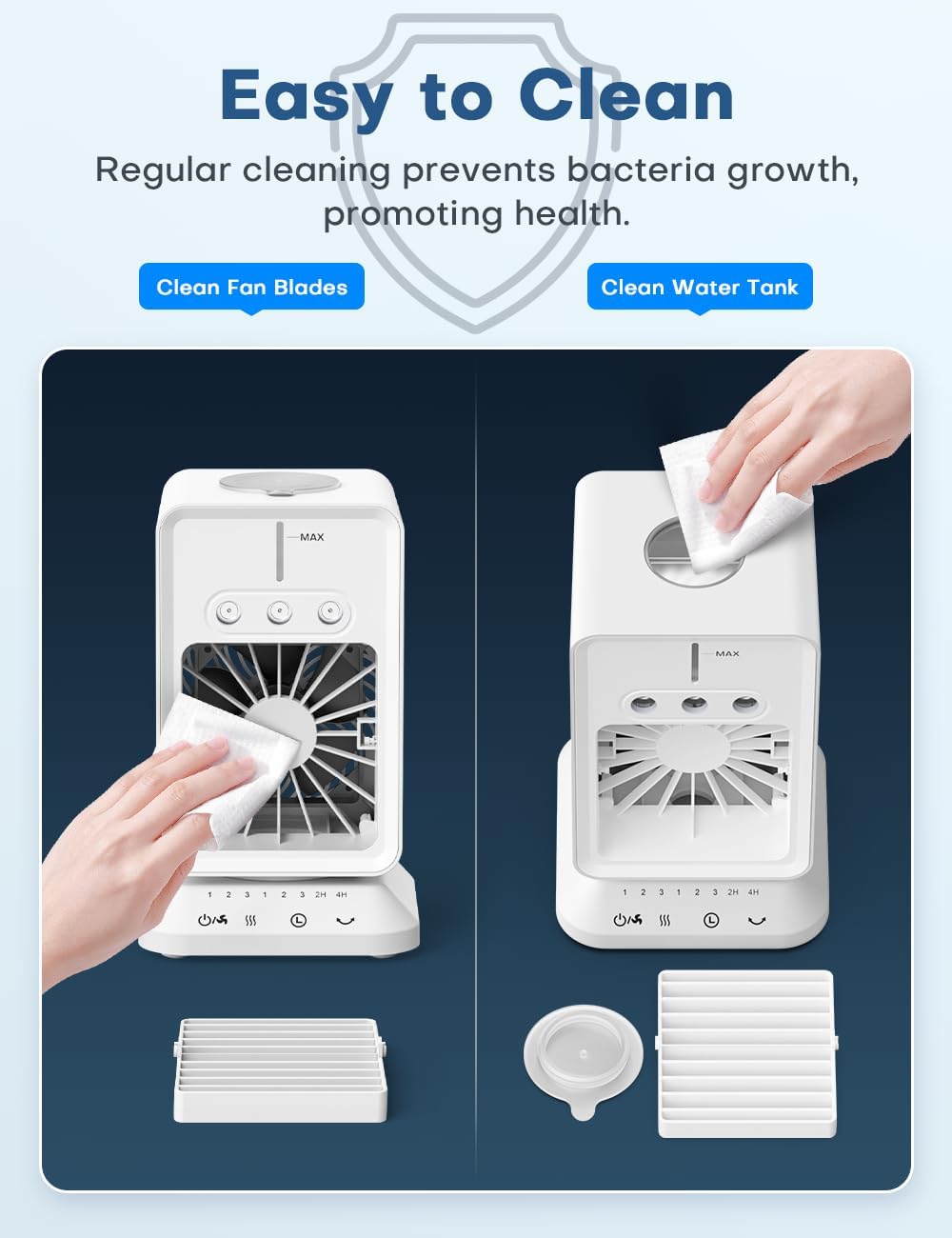 Portable Air Conditioners 4 Modes&3 Speeds,4 Ice Packs, Waterless Alert System, 12H Timer, Remote,1 Gal Detachable Water Tank, 70°Oscillation Windowless Evaporative Air Cooler for Room Office