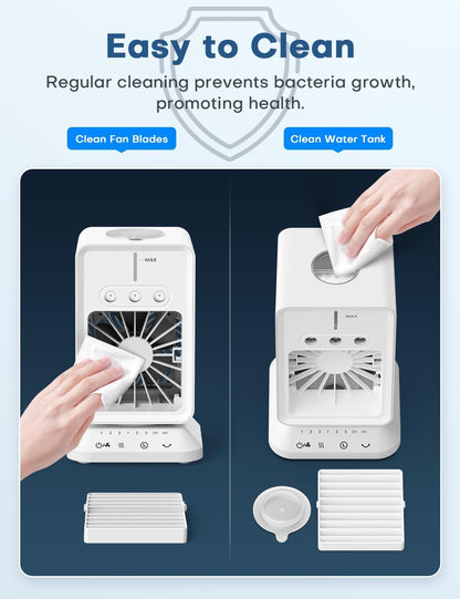 Portable Air Conditioners 4 Modes&3 Speeds,4 Ice Packs, Waterless Alert System, 12H Timer, Remote,1 Gal Detachable Water Tank, 70°Oscillation Windowless Evaporative Air Cooler for Room Office