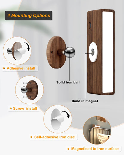 DetarZinLED Wall Lights Battery Operated Wooden,Magnetic Wall Sconces Rechargeable,Adhesive Wall Lights for Bedroom,Dimmable Wall Mounted Bedside Lamp,Cordless Battery Wall Sconce for Bedroom Reading