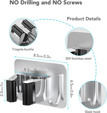 homeasy Broom Holder Wall Mount 4Pcs, Self Adhesive Mop Broom Hanger Black | Self adhesive stainless steel broom organizer with 4 hooks, holds mops, brooms and garden tools without drilling
