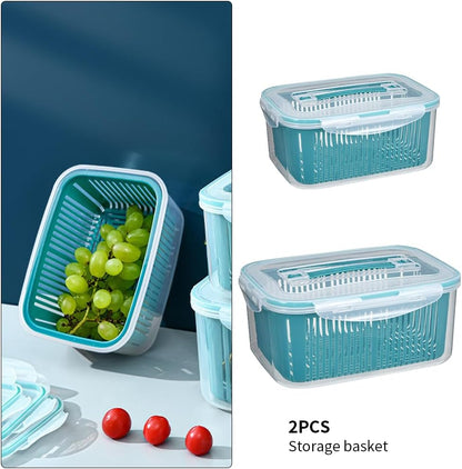2 Pack Fruit Storage Containers for Fridge w/Removable Colander | 44oz+23oz - Stackable & Handle, Fresh Food Produce Saver Containers with Removable Colander, Vegetable Lettuce Keeper Bowl