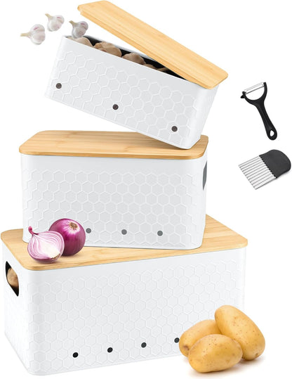 Kitchen Vegetable Storage Set of 3, Metal Onion Garlic Potato Storage Set, Kitchen Canisters Vegetable Keeper Containers with Aerating Holes and Bamboo Lid,Black
