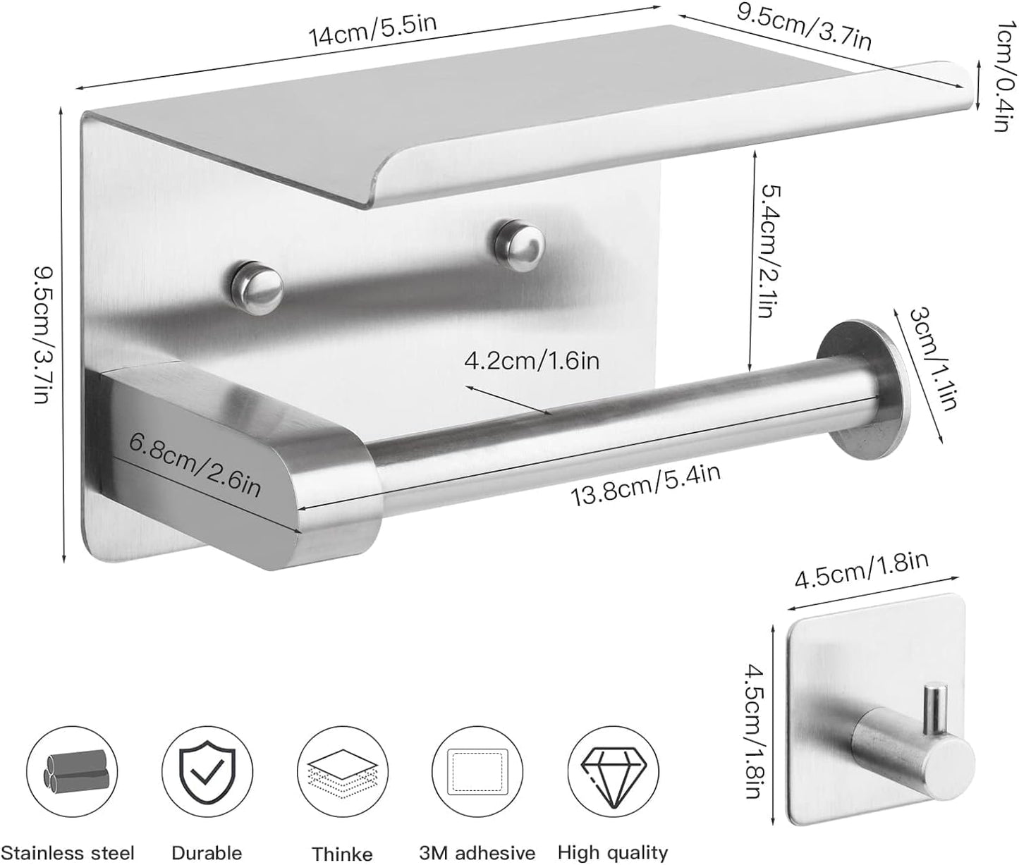 WDFAACK Chrome Toilet Paper Holder with Shelf for Extra Storage, 2-in-1 Wall Mounted Bathroom Tissue Stand for Cell Phone and Small Items