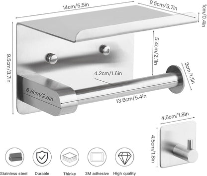 WDFAACK Chrome Toilet Paper Holder with Shelf for Extra Storage, 2-in-1 Wall Mounted Bathroom Tissue Stand for Cell Phone and Small Items