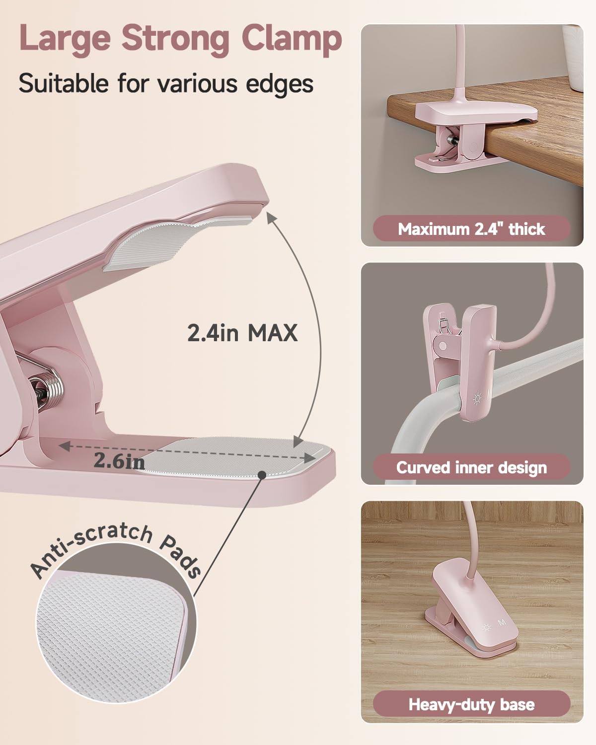CUHIOY Rechargeable Clip on Reading Light for Bed Headboard, Pink, 1 Pack | Large Clamp Flexible Neck, Battery Desk Lamp, 5 Color 5 Brightness Touch Control, Flicker-Free LED Bedside Night Light