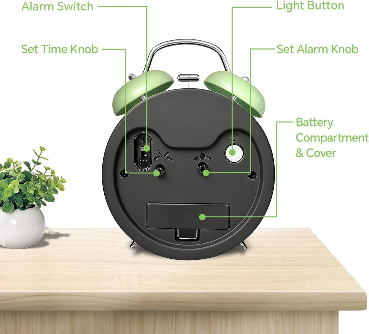 4.5" Metal Loud Alarm Clock for Heavy Sleepers Adults, Analog Battery Operated Alarm Clock with Bells Glow in Dark Numbers, Silent Old School Bedside Desk Clock for Bedroom Office Kids, Black