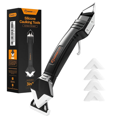Sakerplus 3-in-1 Silicone Caulking Tools,Caulk Remover Tool and Caulk Finishing Tool Kit with Silicone Smoother,Nozzle Needle for Kitchen Bathroom Window Sink (Classic Black)