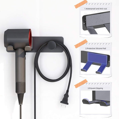 Hair Dryer Holder Wall Mounted, Stainless Steel Self Adhesive Blow Dryer Holder Rack for Dyson Supersonic Hair Dryer,Black