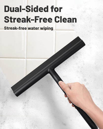 2-in-1 Silicone Shower Squeegee with Hook,Dual-Sided Design with Scraper & Scrub Surface,Rust-Proof Stainless Core,Streak-Free Bathroom Squeegee for Glass Doors,Mirrors,Windows,Car Windshields (Black)