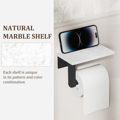 BWE Brushed Gold Toilet Paper Holder with Marble Shelf Wall Mounted | Toilet Paper Roll Holder with Phone Shelf 304 Stainless Steel Tissue Holder for Bathroom Washroom,Saving Space