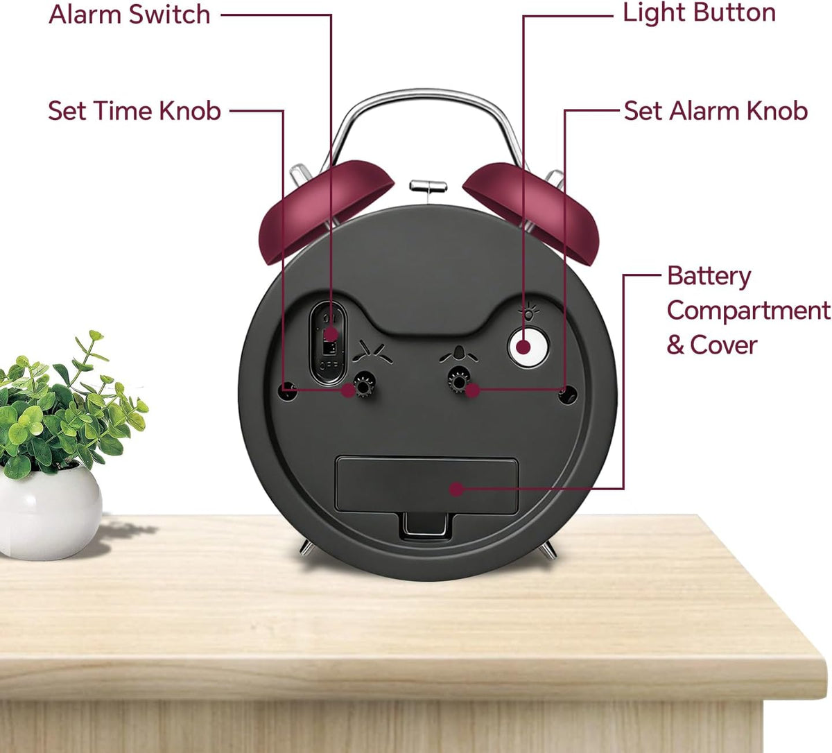4.5" Metal Loud Alarm Clock for Heavy Sleepers Adults, Analog Battery Operated Alarm Clock with Bells Glow in Dark Numbers, Silent Old School Bedside Desk Clock for Bedroom Office Kids, Black
