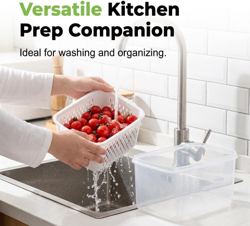 Fruit Storage Containers for Fridge, Leakproof Produce Containers with Colanders & Lids, Refrigerator Organizers and Storage for Berry Vegetable Salad Lettuce Meat Food, Blue, S+M+L