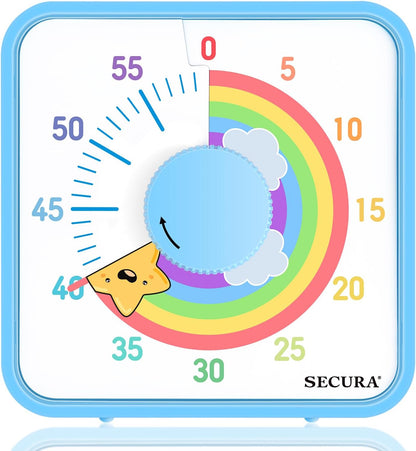 Secura 7.5-Inch Rocket Pattern Visual Timer for Kids, 60-Minute Countdown Timer for Classroom or Kitchen, Durable Mechanical Timer Clock with Magnetic Backing (Blue)