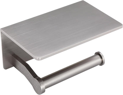 Toilet Paper Holder with Shelf, Adhesive or Screw Wall Mount Toilet Roll Holder for Bathroom, Rustproof Solid Aluminum Commercial Toilet Tissue Holder with Storage, Brushed Nickel