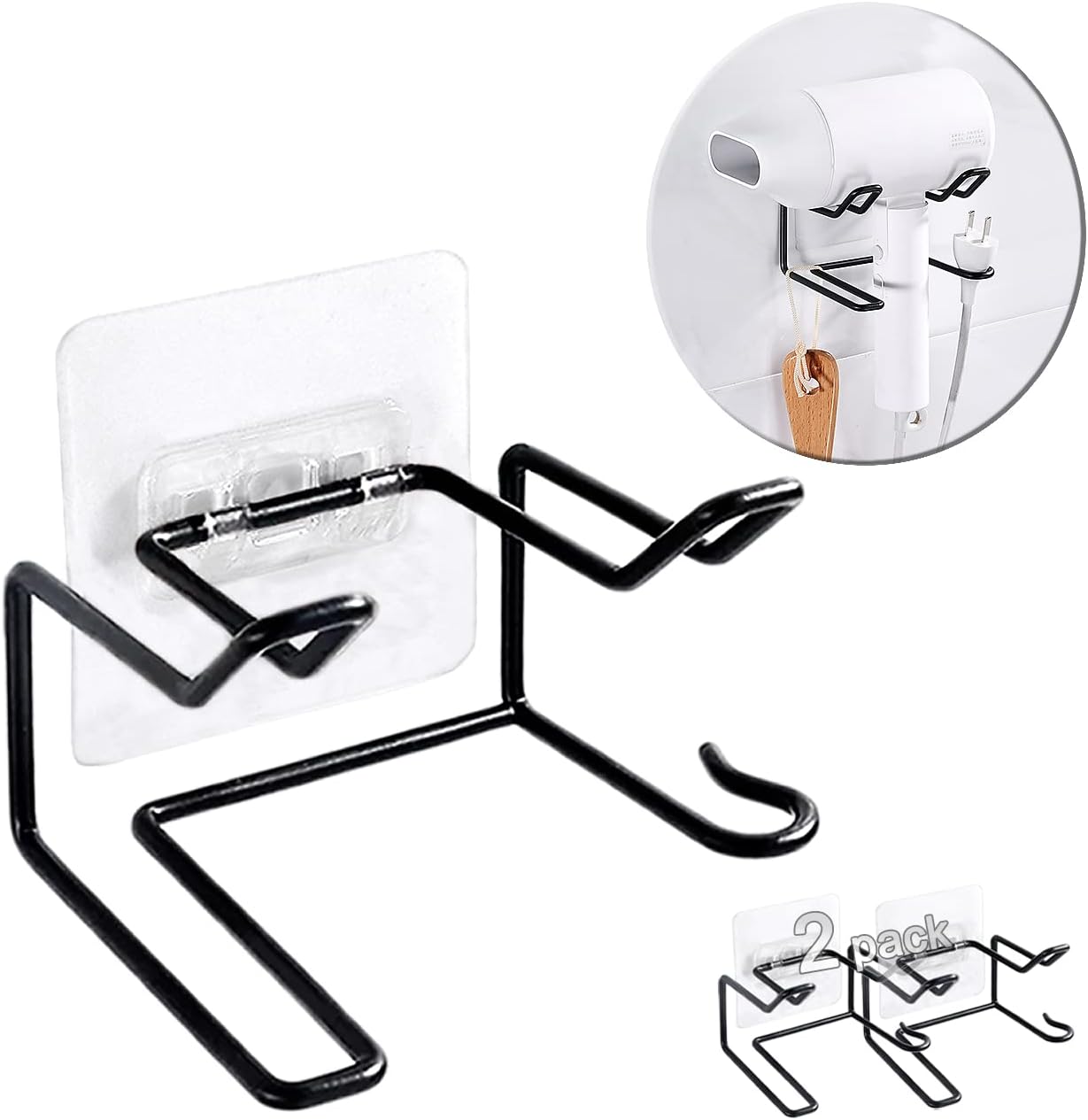 2 Pack Hair Dryer Holder, Wall Mount Self Adhesive Waterproof Blow Dryer Rack Storage Organizer Hanger, Compatible with Dyson and Most Hair Blower Appliance, Brush, Curling Iron, Straightener