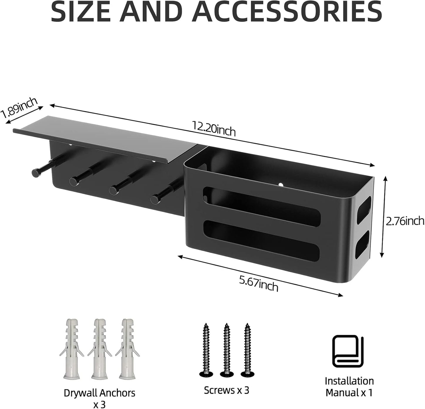 MKO Key Holder Wall Mount, Key Holder Wall Mount Adhesive with Mail Organizer Tray with 6 Key Hooks for Wall, Black | Metal Material, Key Rack with Shelf, Mail Organizer Tray for Entryway, Hallway, Living Room